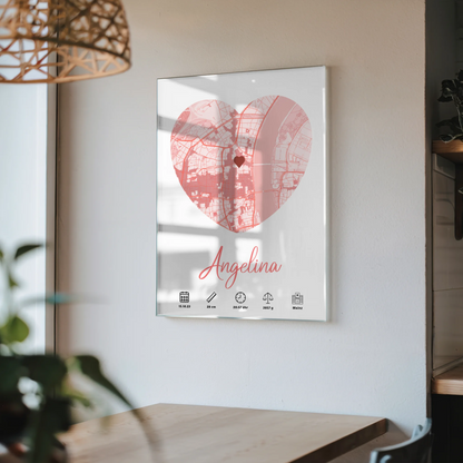 Acrylglas Bild Geburt Stadt Karte mit Geburtsdaten Rot Mädchen