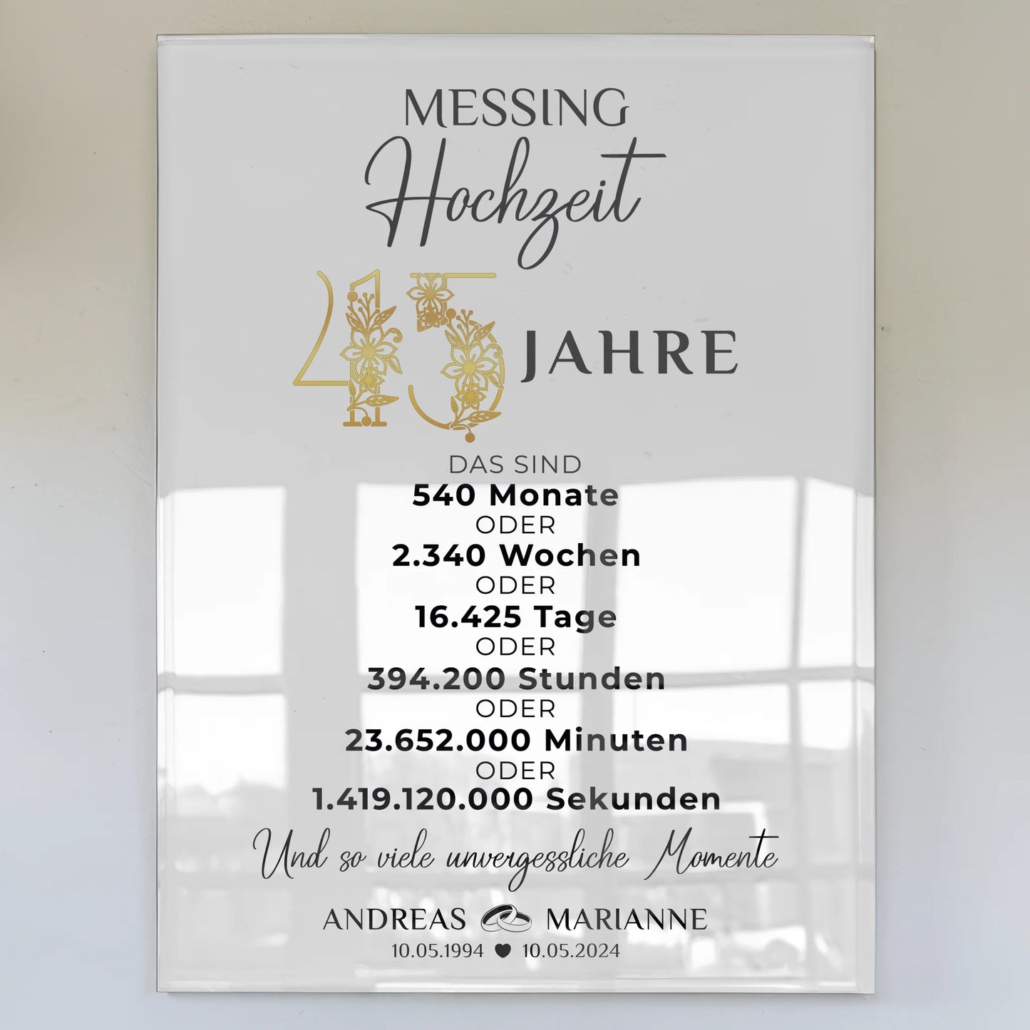 Acrylglas Bild Geschenk für 45 Hochzeitstag mit Namen und Wunschtext