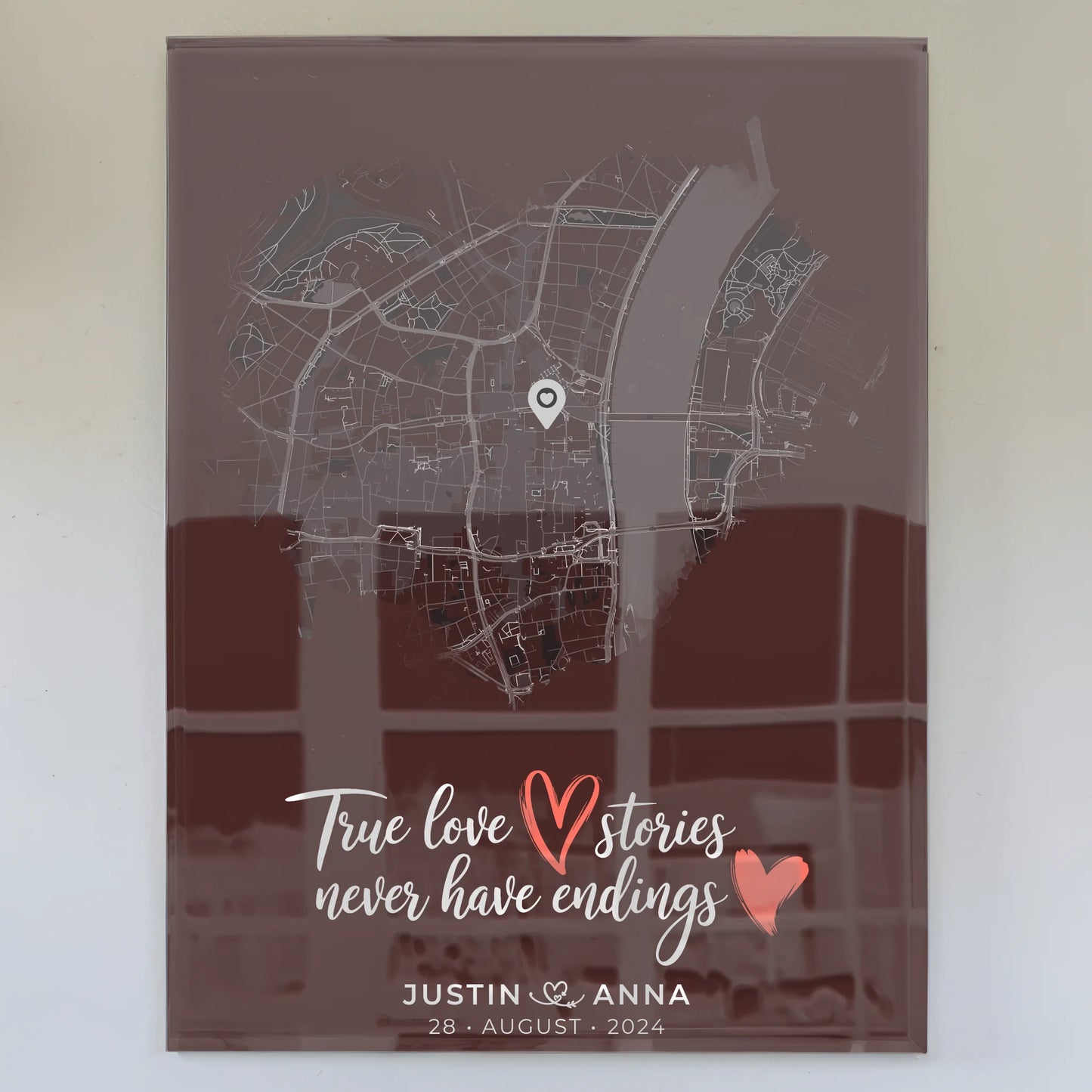 Personalisiertes Acrylglas Bilder für Paare Stadtkarte Herzform True Love Stories
