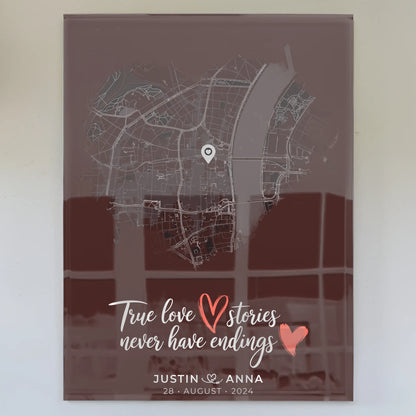 Personalisiertes Acrylglas Bilder für Paare Stadtkarte Herzform True Love Stories
