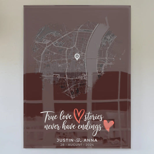 Personalisiertes Acrylglas Bilder für Paare Stadtkarte Herzform True Love Stories