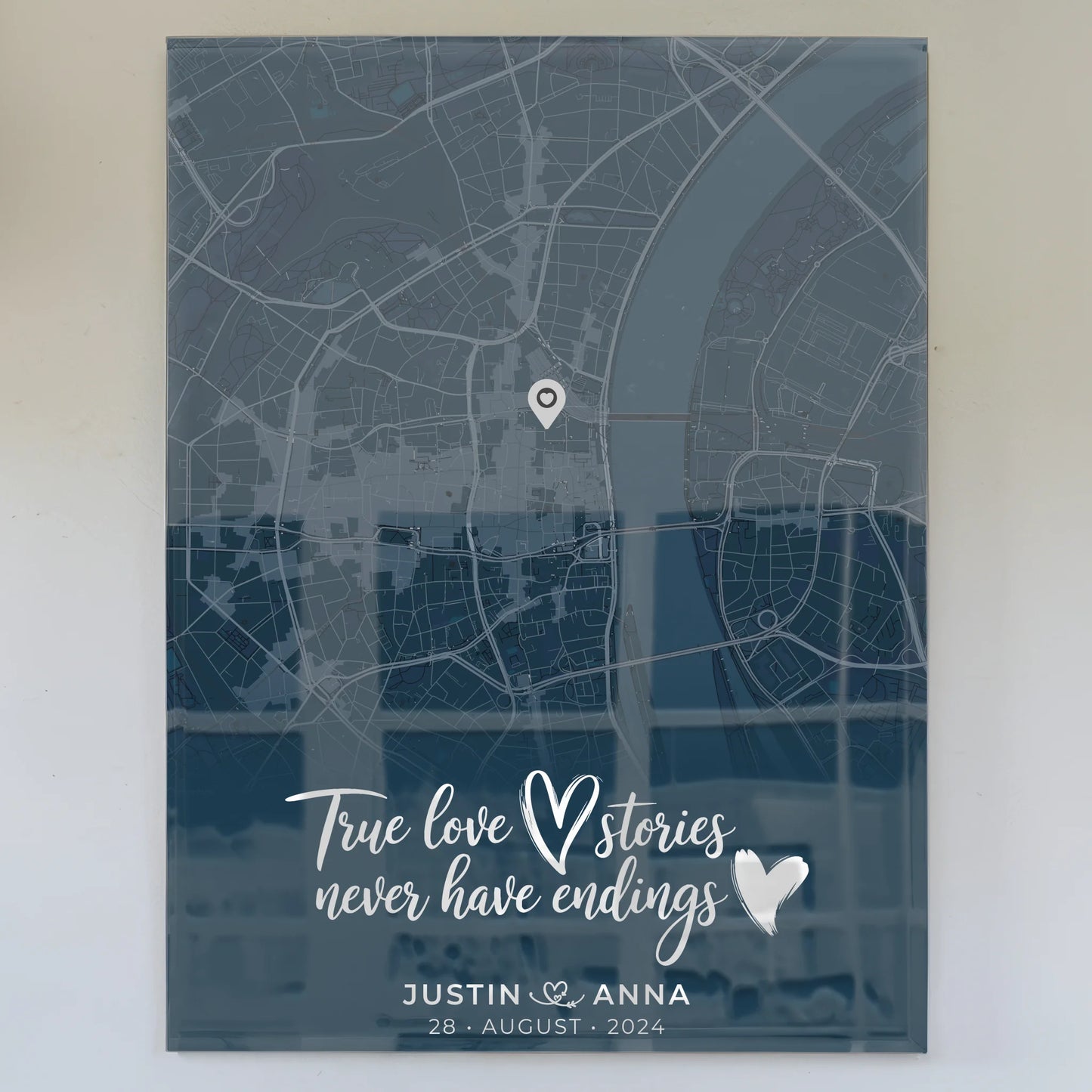 Personalisiertes Liebes Acrylglas Bild Paare Stadtkarte Blau True Love Stories
