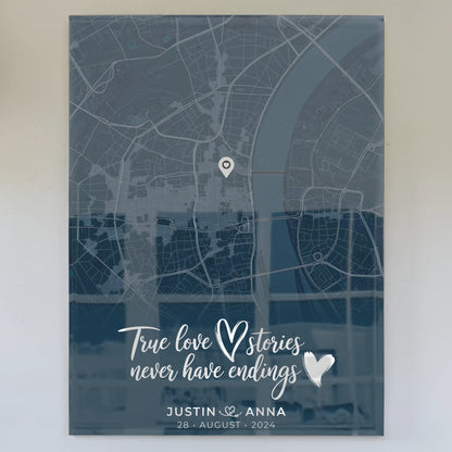Personalisiertes Liebes Acrylglas Bild Paare Stadtkarte Blau True Love Stories