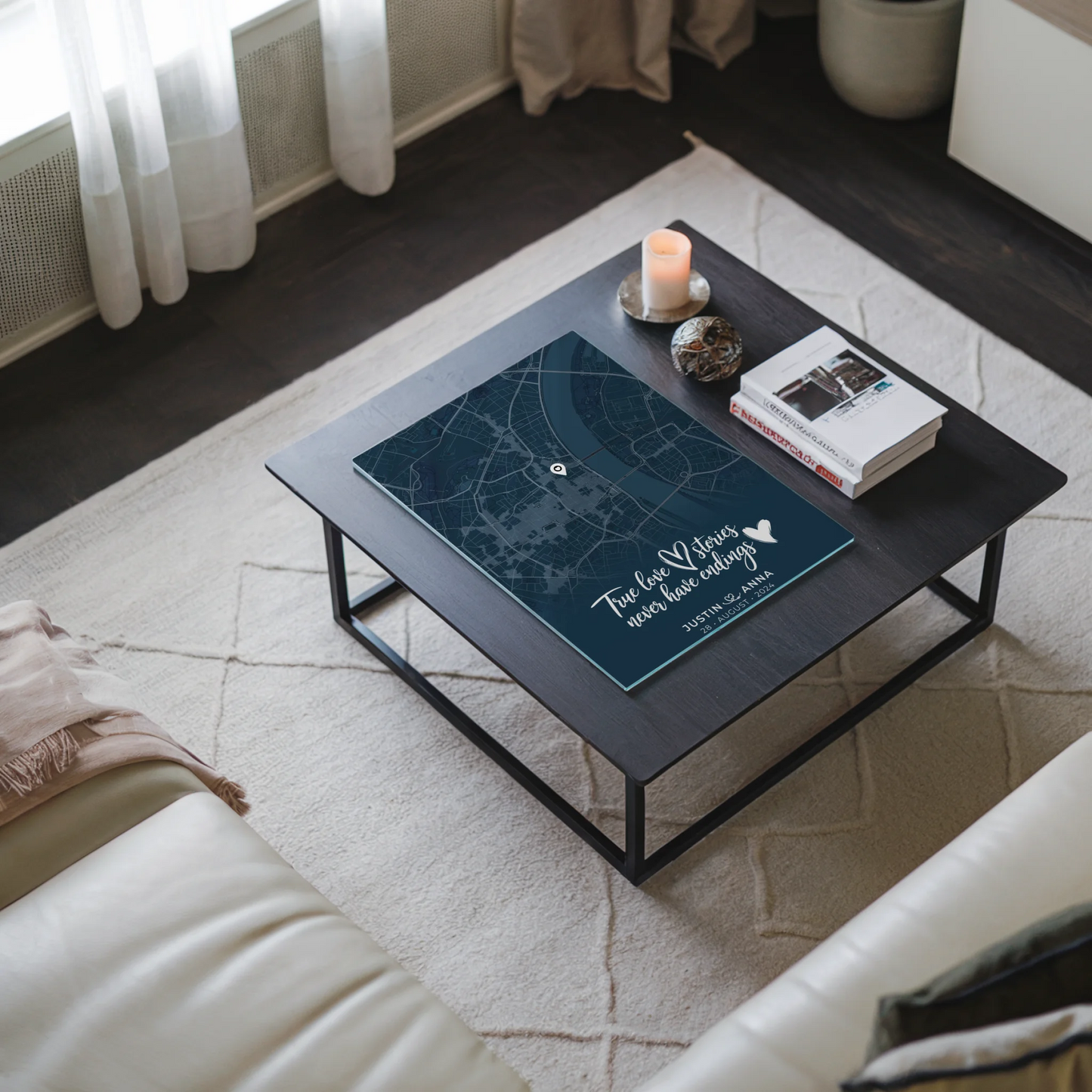 Personalisiertes Liebes Acrylglas Bild Paare Stadtkarte Blau True Love Stories