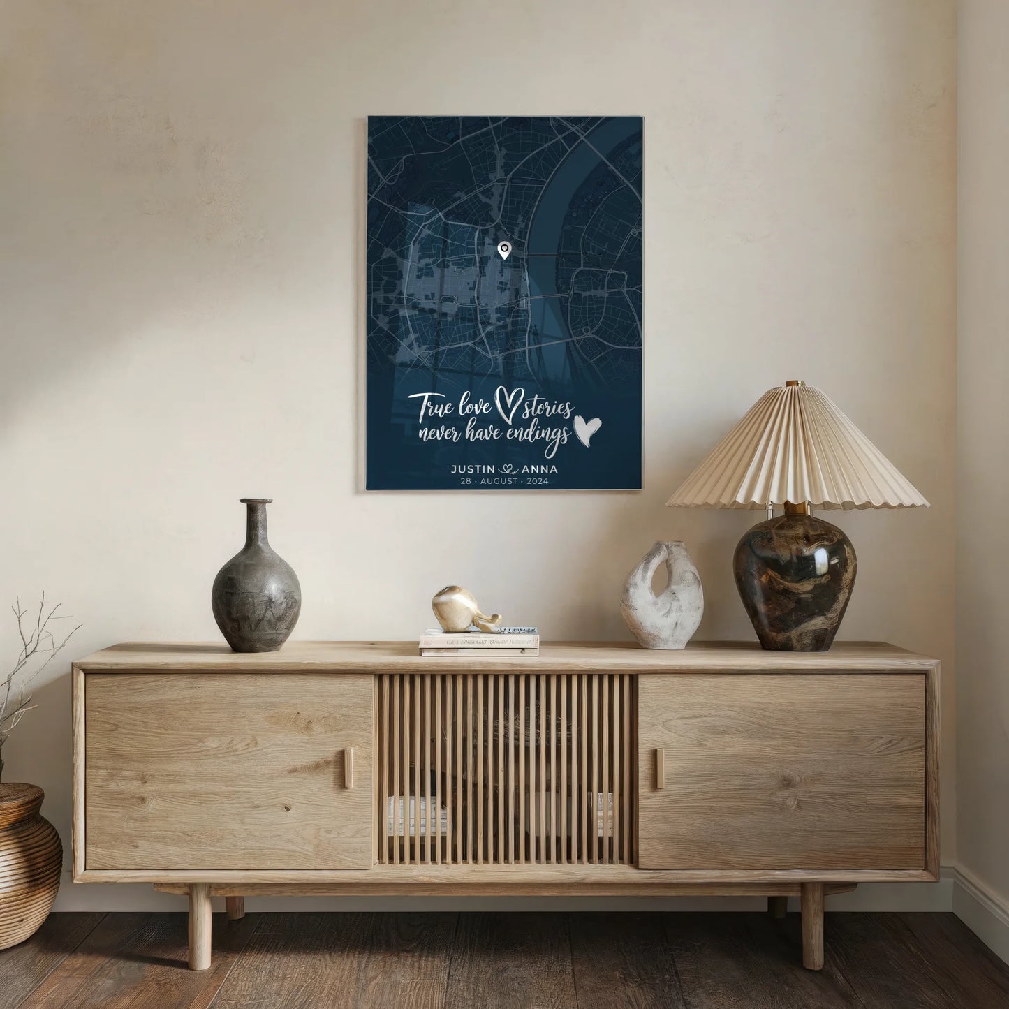 Personalisiertes Liebes Acrylglas Bild Paare Stadtkarte Blau True Love Stories
