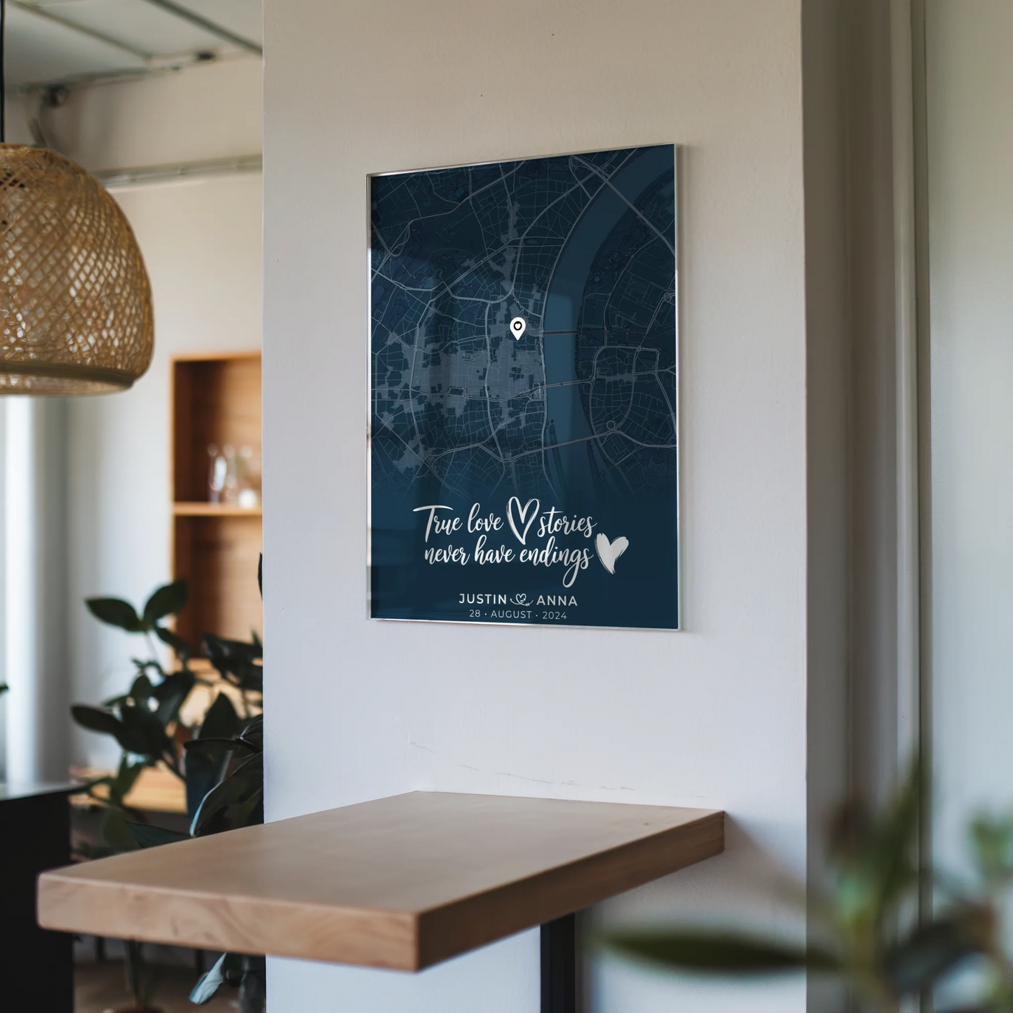 Personalisiertes Liebes Acrylglas Bild Paare Stadtkarte Blau True Love Stories