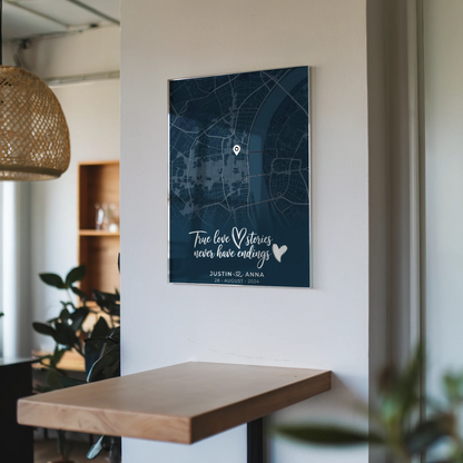 Personalisiertes Liebes Acrylglas Bild Paare Stadtkarte Blau True Love Stories