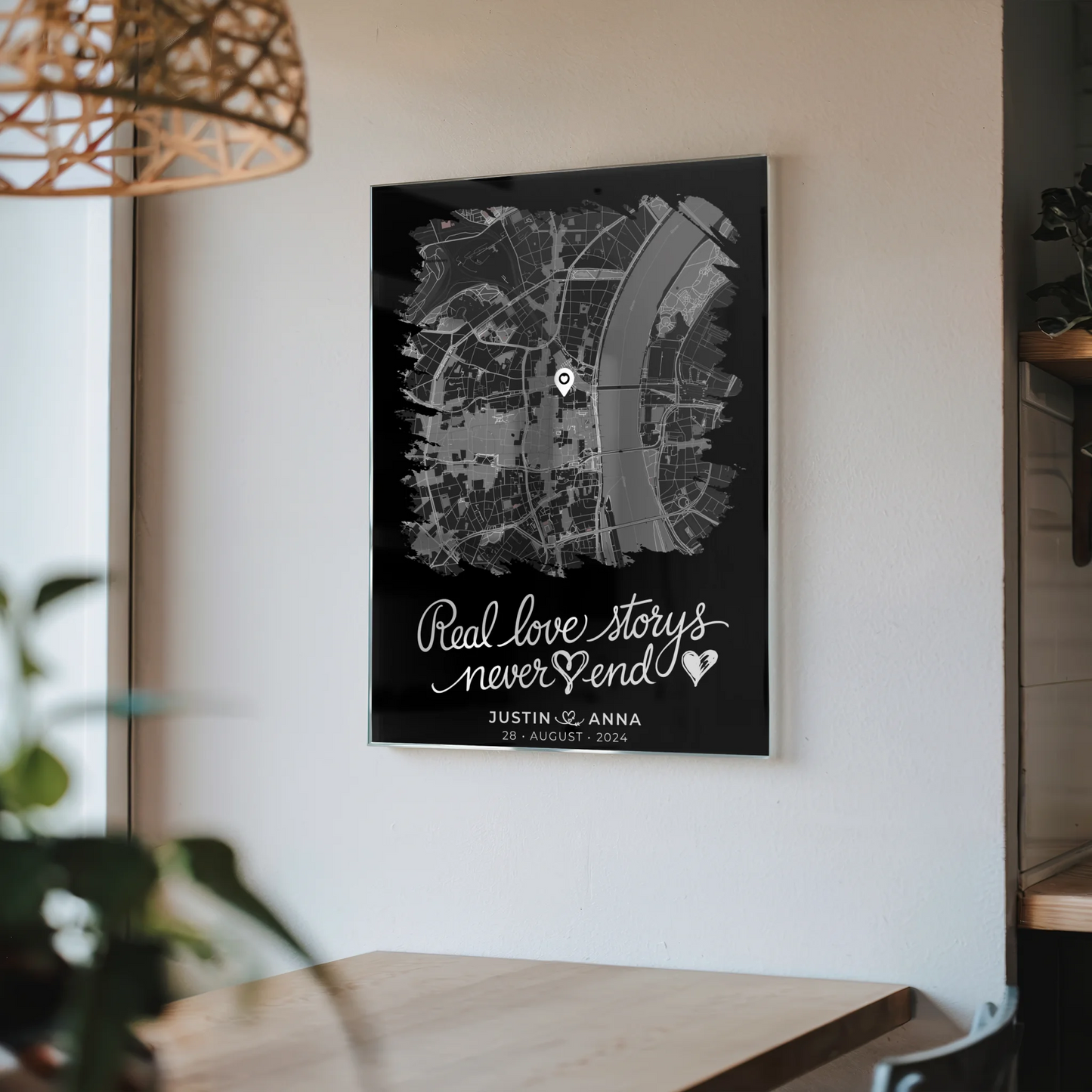 Personalisiertes Liebes Acrylglas Bild Paare Stadtkarte Pinsel-Stil Real Love Storys