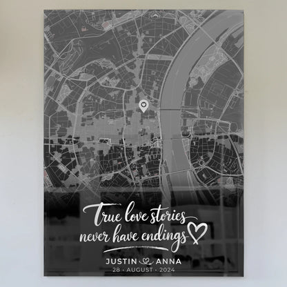 Personalisiertes Acrylglas Bild Stadtkarte Paare Schwarz True Love