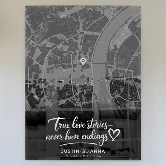 Personalisiertes Acrylglas Bild Stadtkarte Paare Schwarz True Love