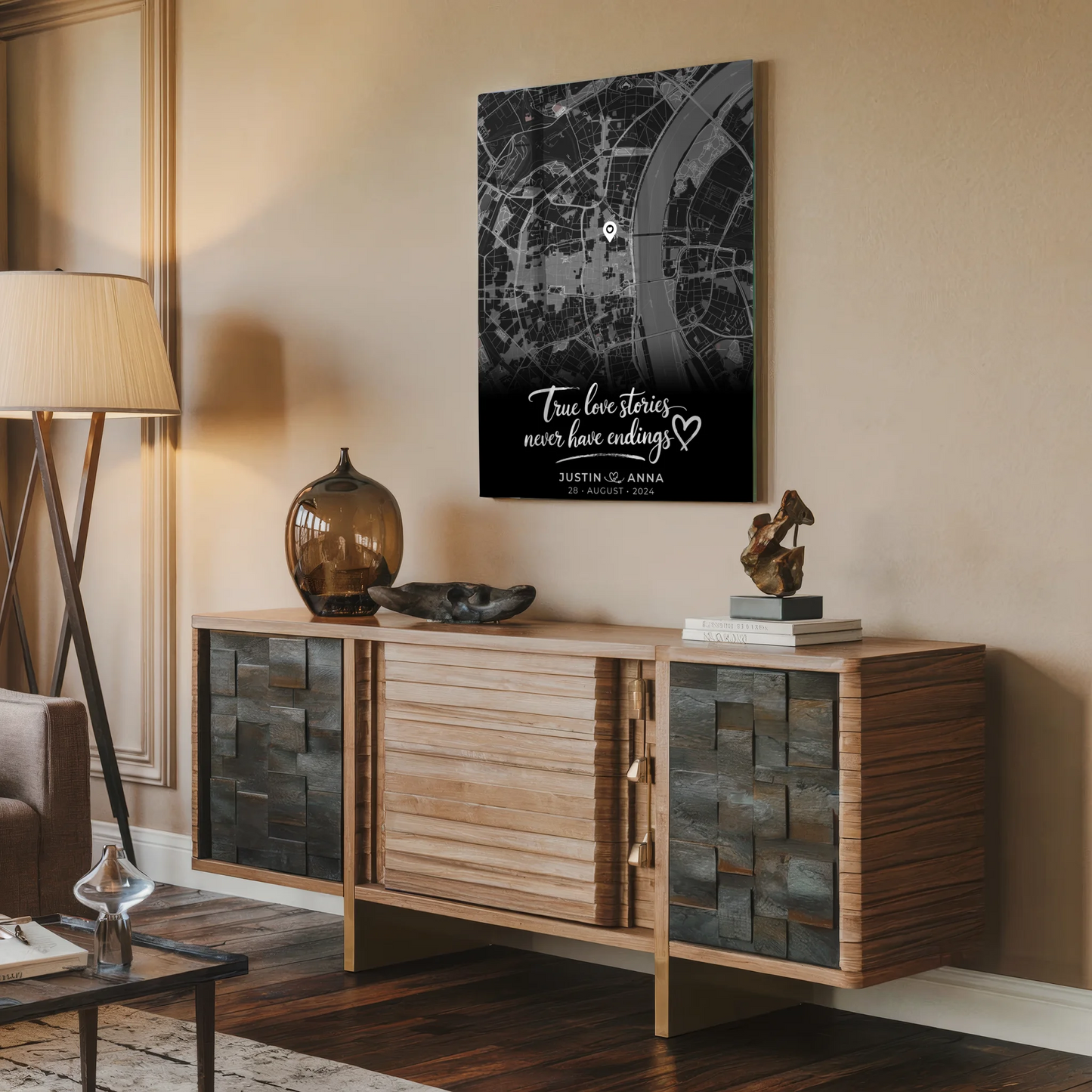 Personalisiertes Acrylglas Bild Stadtkarte Paare Schwarz True Love