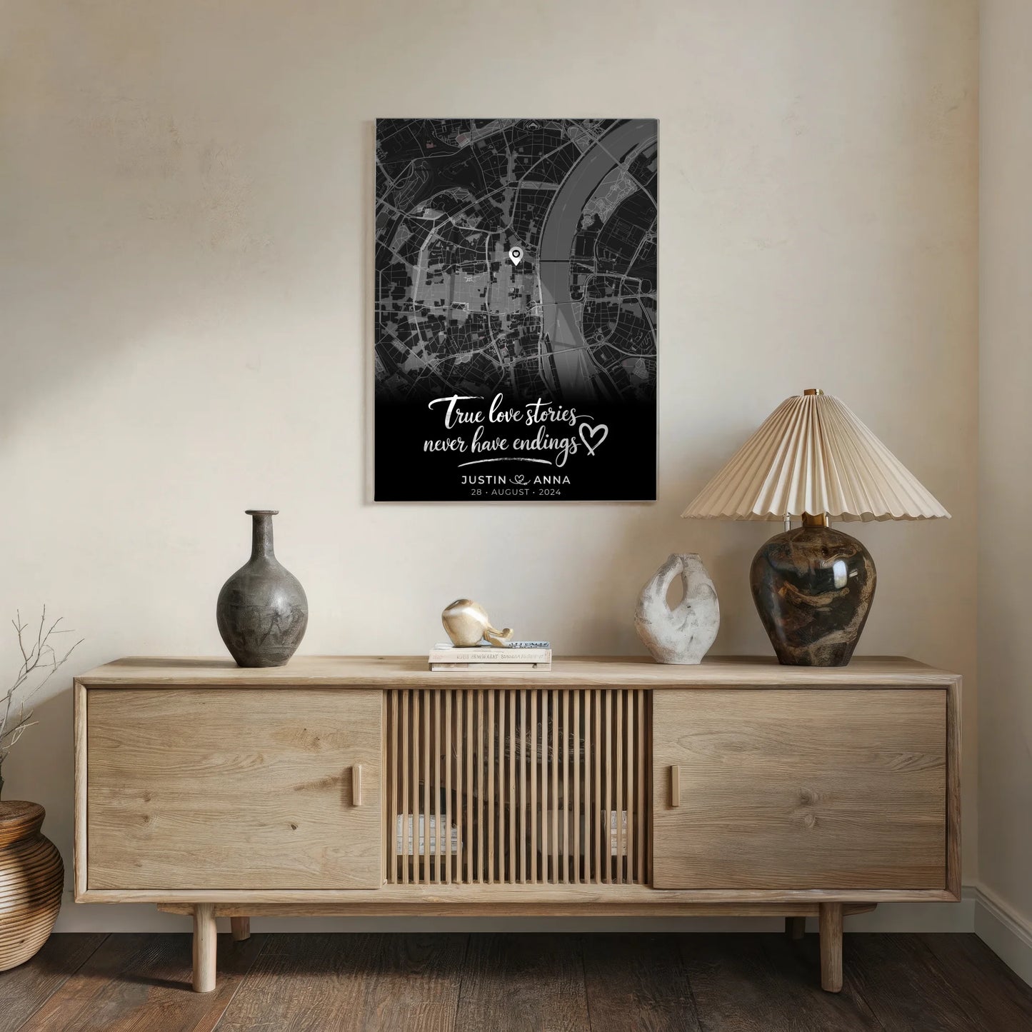 Personalisiertes Acrylglas Bild Stadtkarte Paare Schwarz True Love