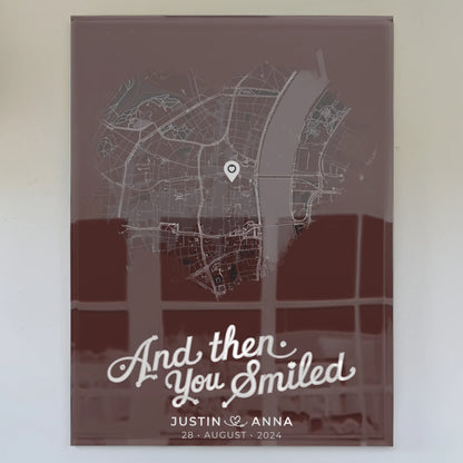 Personalisiertes Acrylglas Bild Paare Stadtkarte Herzform And Then You Smiled
