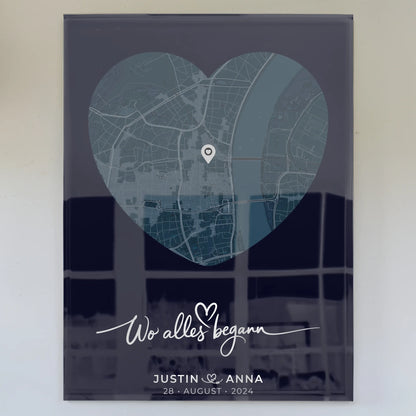 Personalisiertes Acrylglas Bild Paare Stadtkarte Herzform Blau