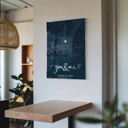 Personalisiertes Acrylglas Bild Liebes Acrylglas Bild Paare Stadtkarte Blau You & Me