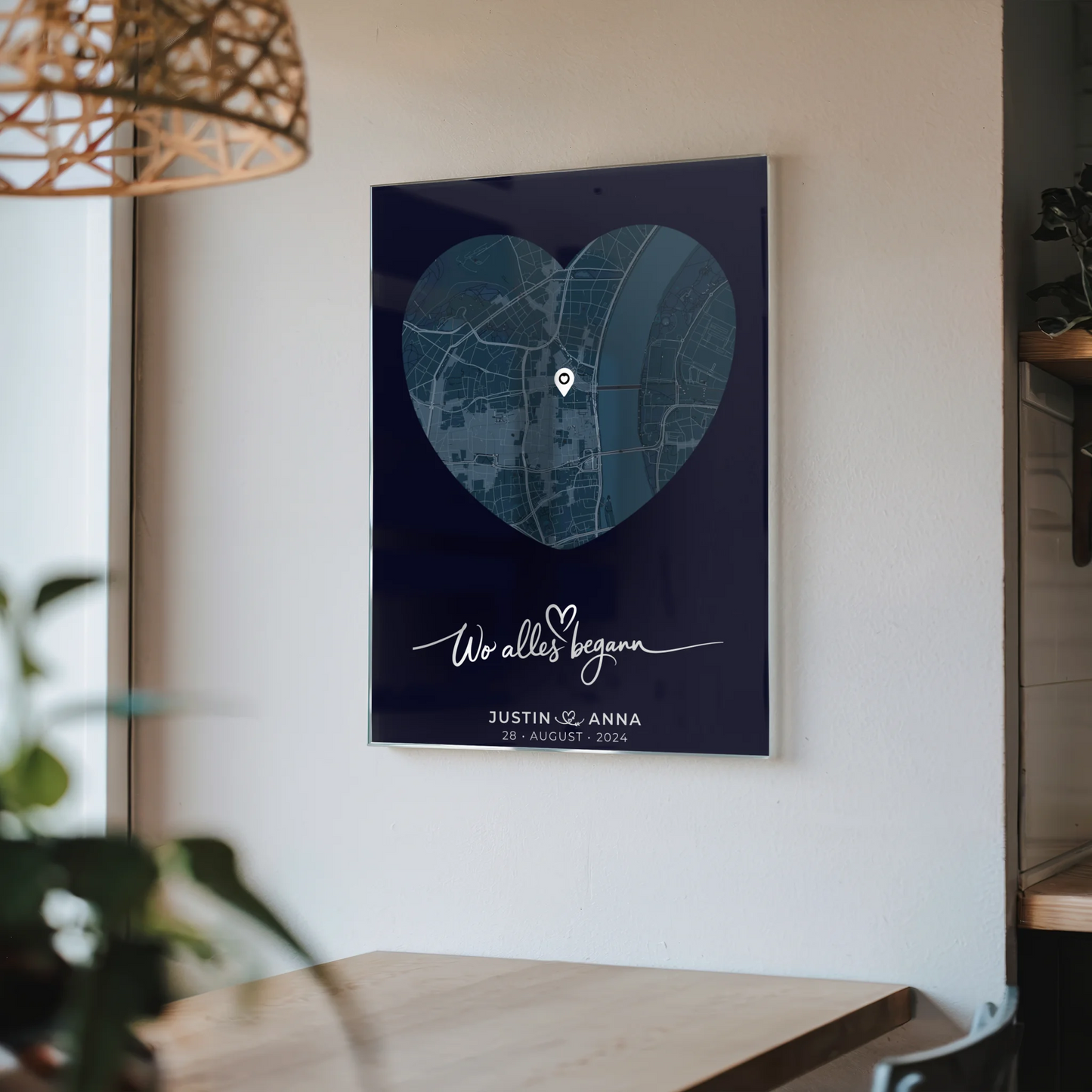 Personalisiertes Acrylglas Bild Paare Stadtkarte Herzform Blau