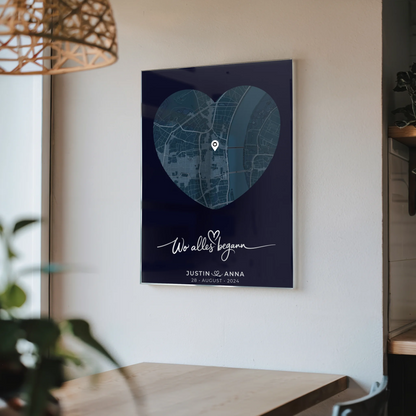 Personalisiertes Acrylglas Bild Paare Stadtkarte Herzform Blau