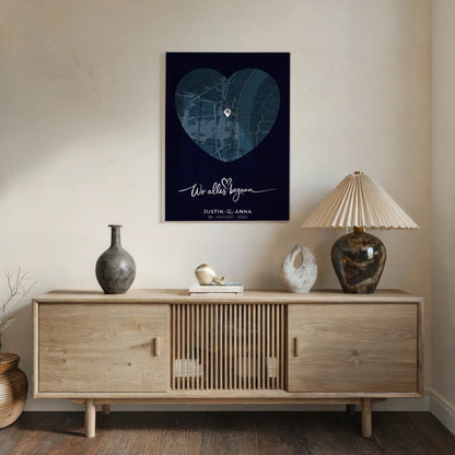 Personalisiertes Acrylglas Bild Paare Stadtkarte Herzform Blau