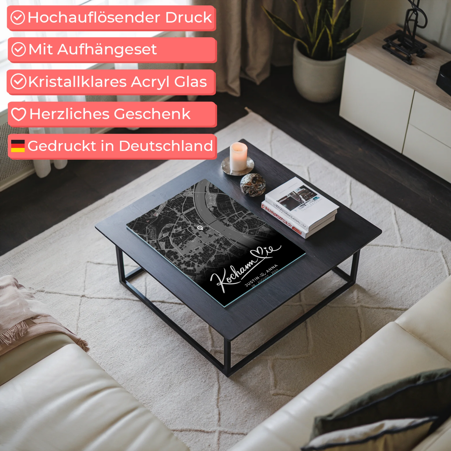 Personalisiertes Acrylglas Bild Paare Stadtkarte Schwarz Kocham Cie