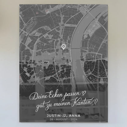 Personalisiertes Acrylglas Bild Stadtkarte Paare Dunkelgrau