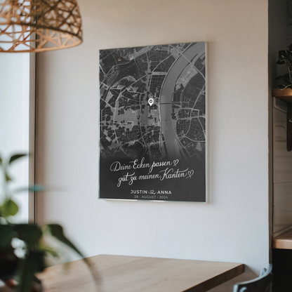 Personalisiertes Acrylglas Bild Stadtkarte Paare Dunkelgrau