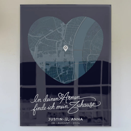 Personalisiertes Acrylglas Bild Paare Stadtkarte Herz Blau