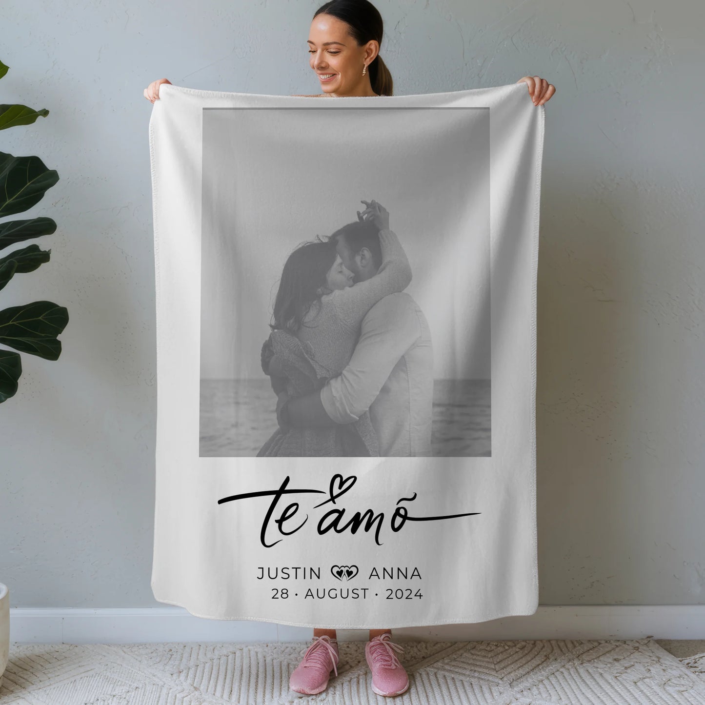 Personalisierte Foto Decke für Paare mit Namen Te Amo Black & White