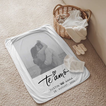 Personalisierte Foto Decke für Paare mit Namen Te Amo Black & White