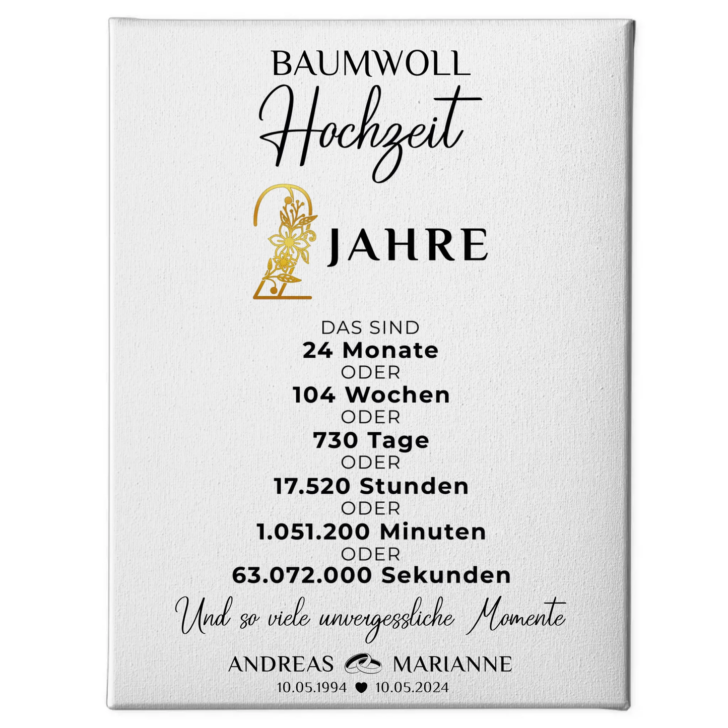 Personalisierte Leinwand Geschenk Momente 2 Hochzeitstag Baumwollhochzeit