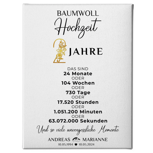 Personalisierte Leinwand Geschenk Momente 2 Hochzeitstag Baumwollhochzeit