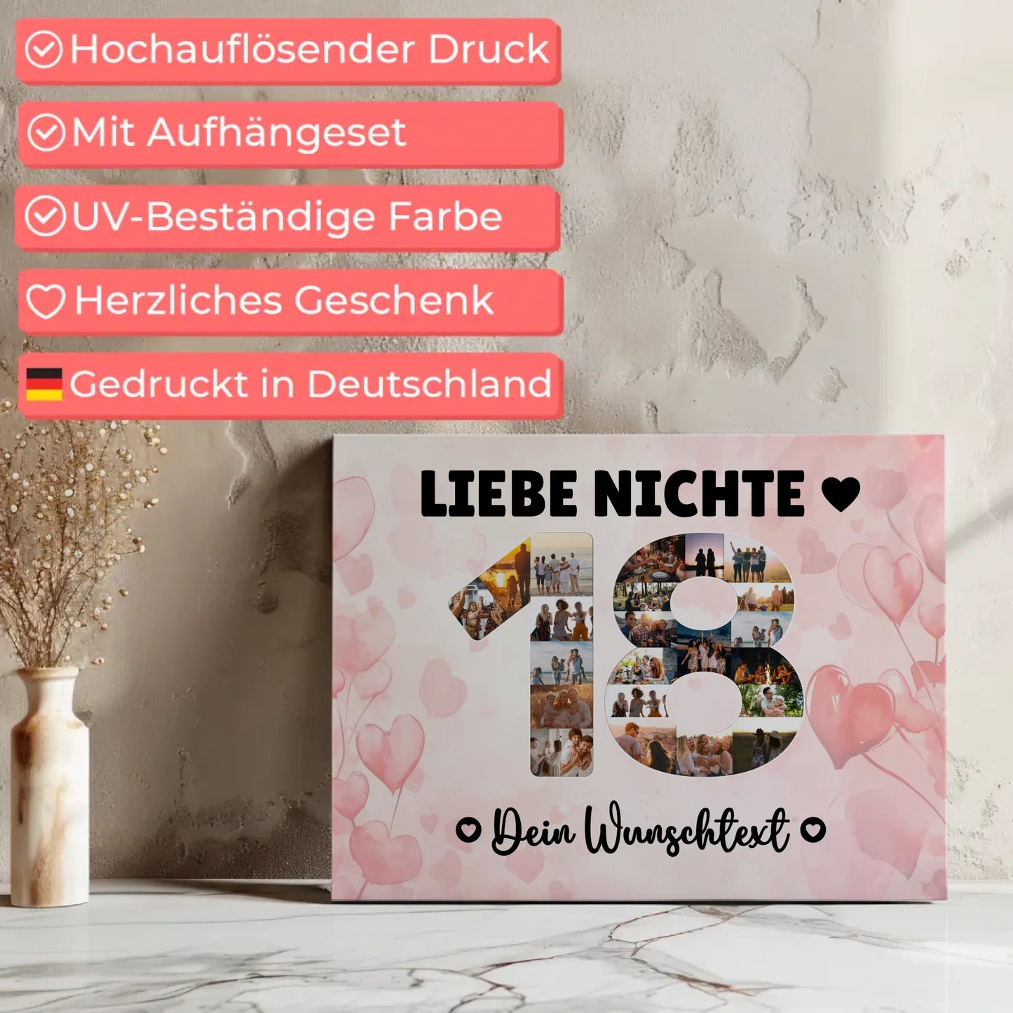 Personalisierte Fotoleinwand Wunschtext 18 Geburtstag Nichte
