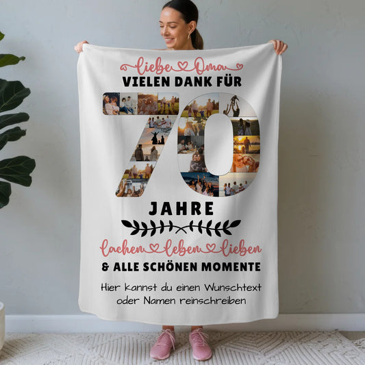Personalisierte Decke für Oma 70 Geburtstag mit Fotos und Wunschtext