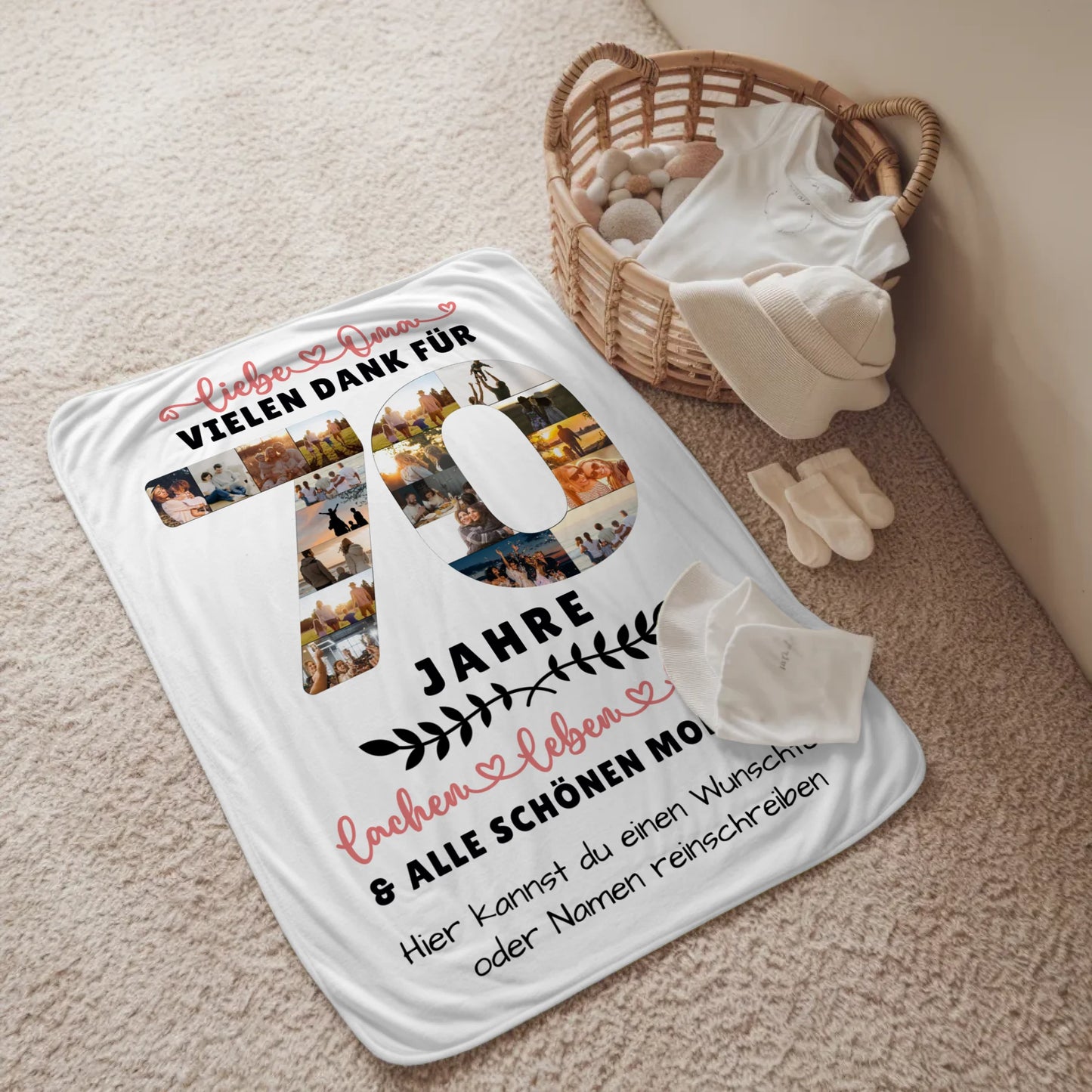 Personalisierte Decke für Oma 70 Geburtstag mit Fotos und Wunschtext