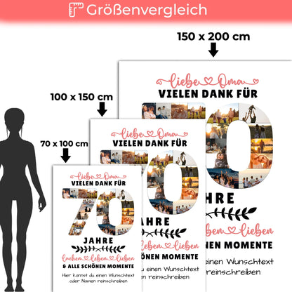 Personalisierte Decke für Oma 70 Geburtstag mit Fotos und Wunschtext