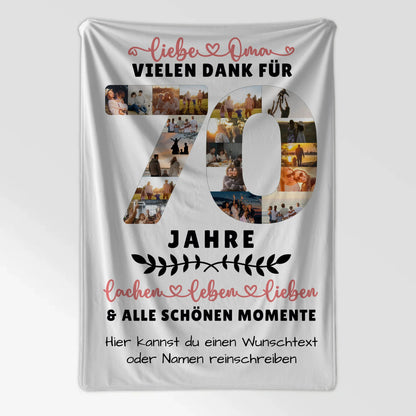 Personalisierte Decke für Oma 70 Geburtstag mit Fotos und Wunschtext