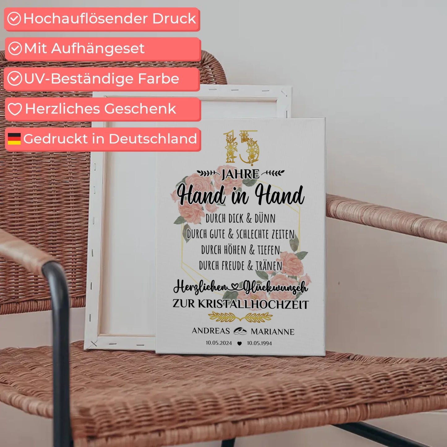 Personalisierte Leinwand Geschenk 15 Hochzeitstag zur Kristallhochzeit Namen