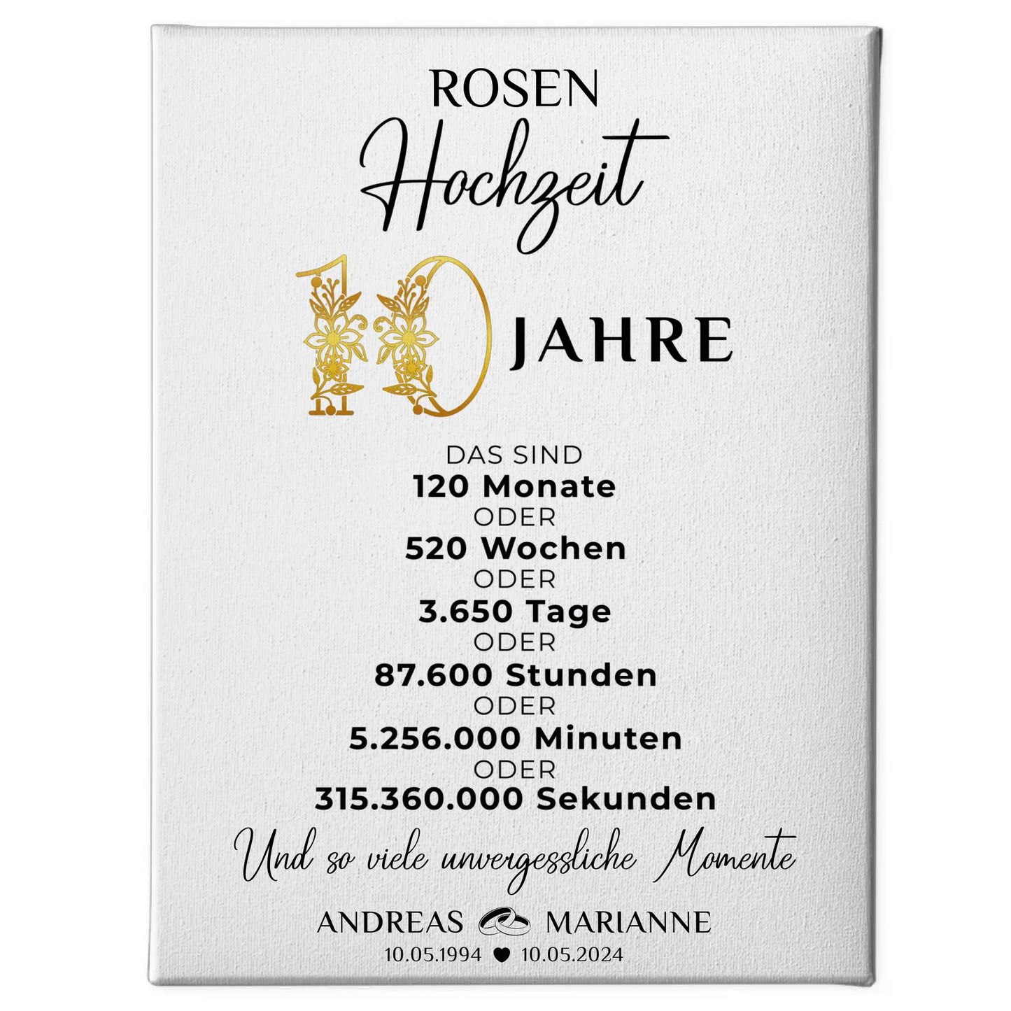 Personalisierte Leinwand Geschenk zur Rosenhochzeit 10 Hochzeitstag Momente