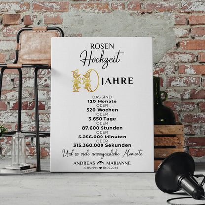 Personalisierte Leinwand Geschenk zur Rosenhochzeit 10 Hochzeitstag Momente