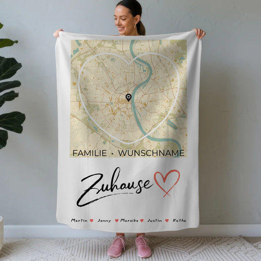 Personalisiertes Zuhause Decke mit Spruch Familie Stadtkarte Herzform