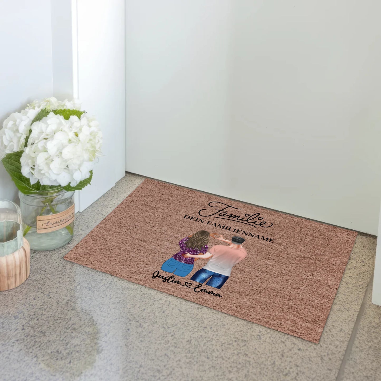 Personalisierte Fußmatte für Paare Dunkelbraun mit Namen Familie