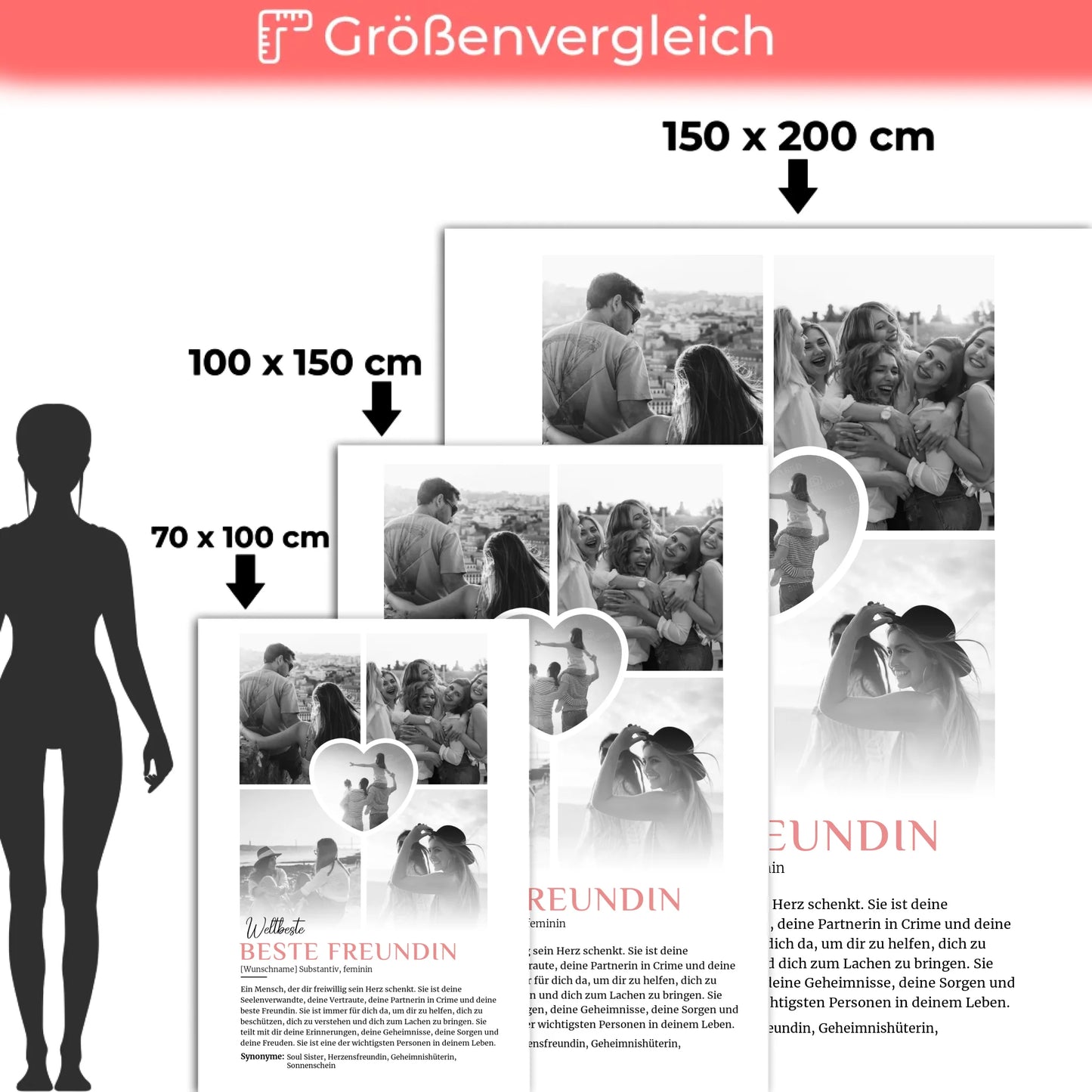 Personalisierte Decke Beste Freundin 5 Fotos Schwarz Weiß mit Name