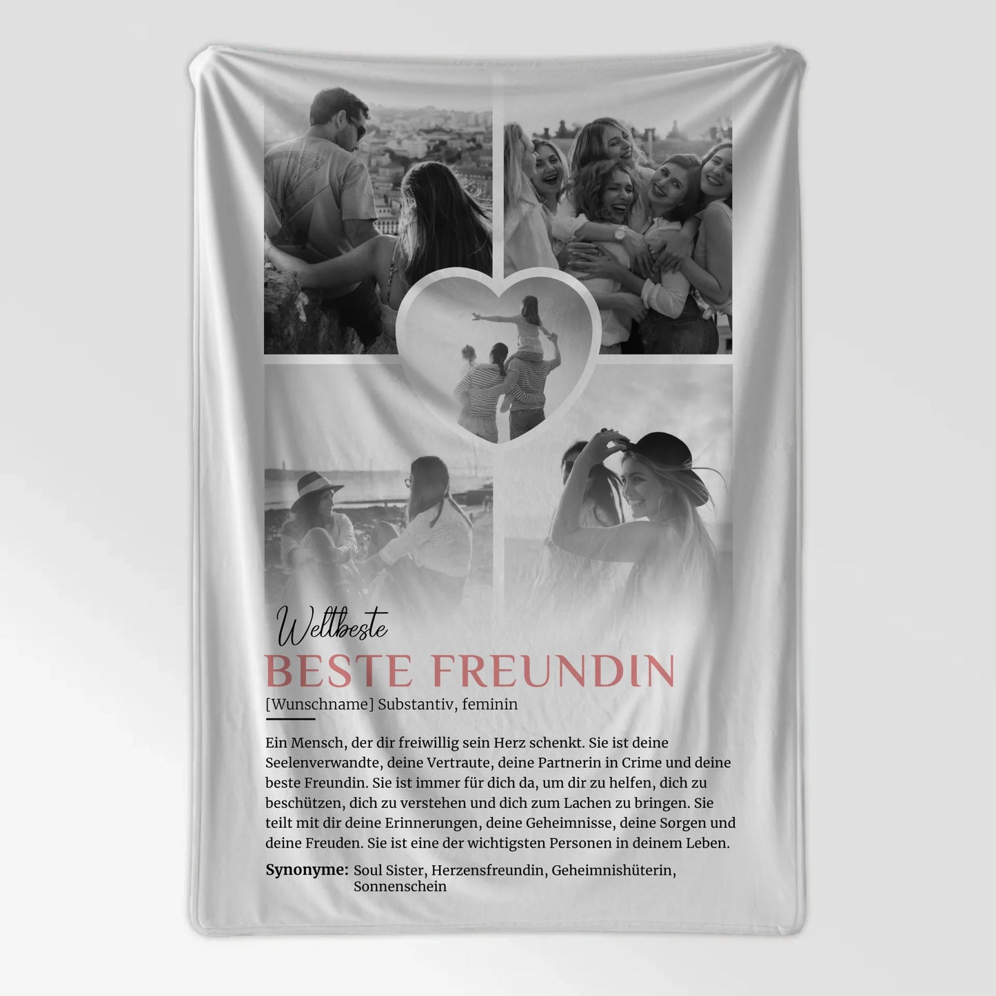 Personalisierte Decke Beste Freundin 5 Fotos Schwarz Weiß mit Name