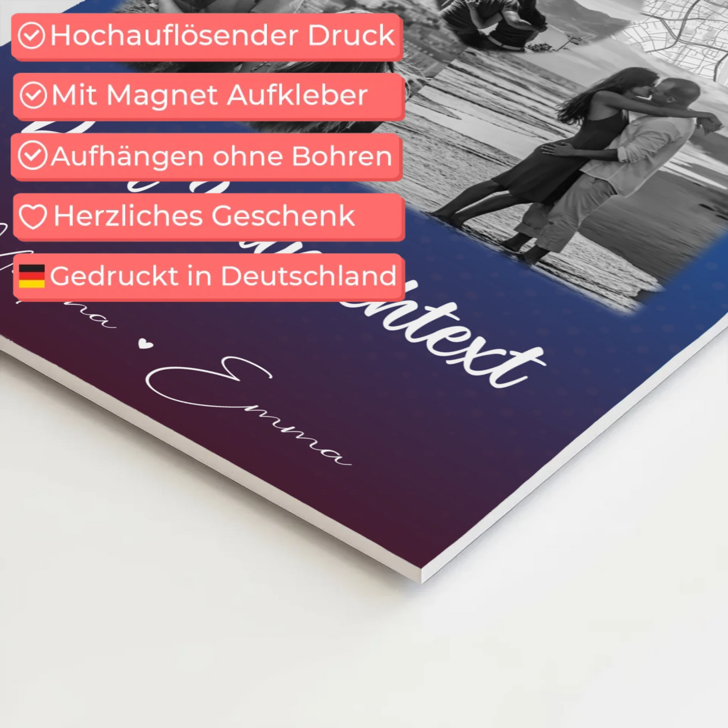 Magnetposter Fotoboard mit 3 Fotos Herz Foto Karte Wunschtext Te iubesc Liebe auf Rumänisch
