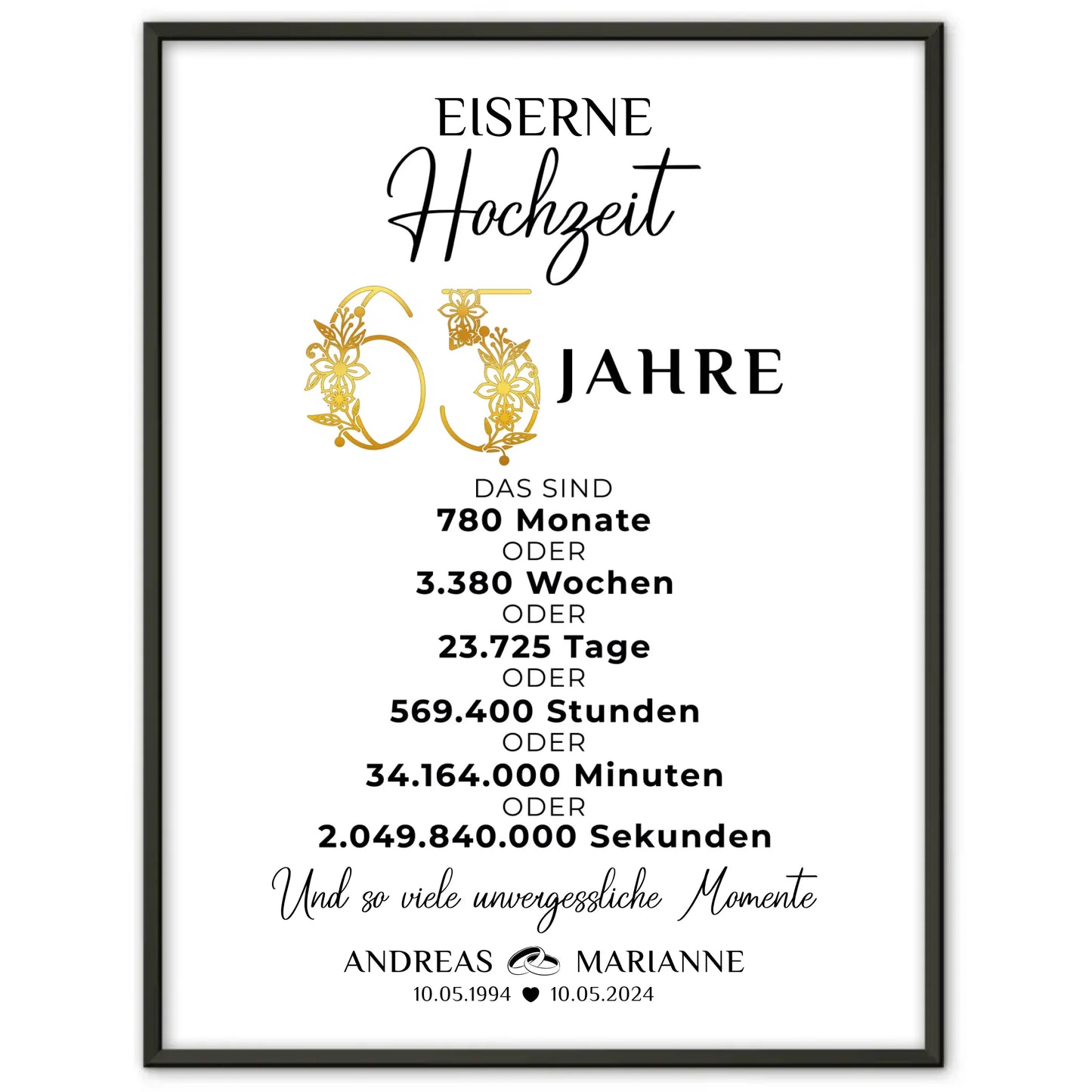 Personalisierte Geschenke Poster für 65 Hochzeitstag zur Eisernen Hochzeit Momente