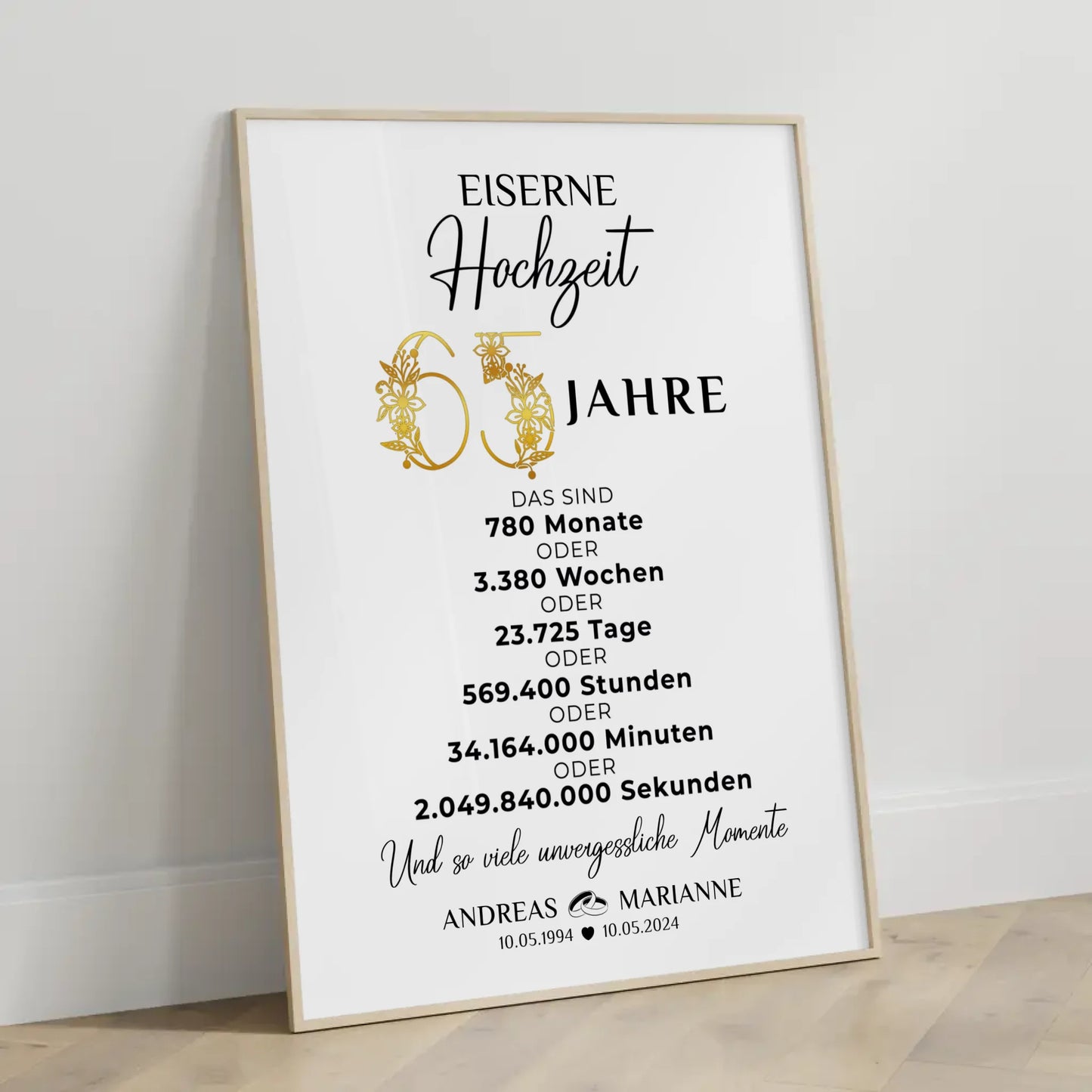 Personalisierte Geschenke Poster für 65 Hochzeitstag zur Eisernen Hochzeit Momente