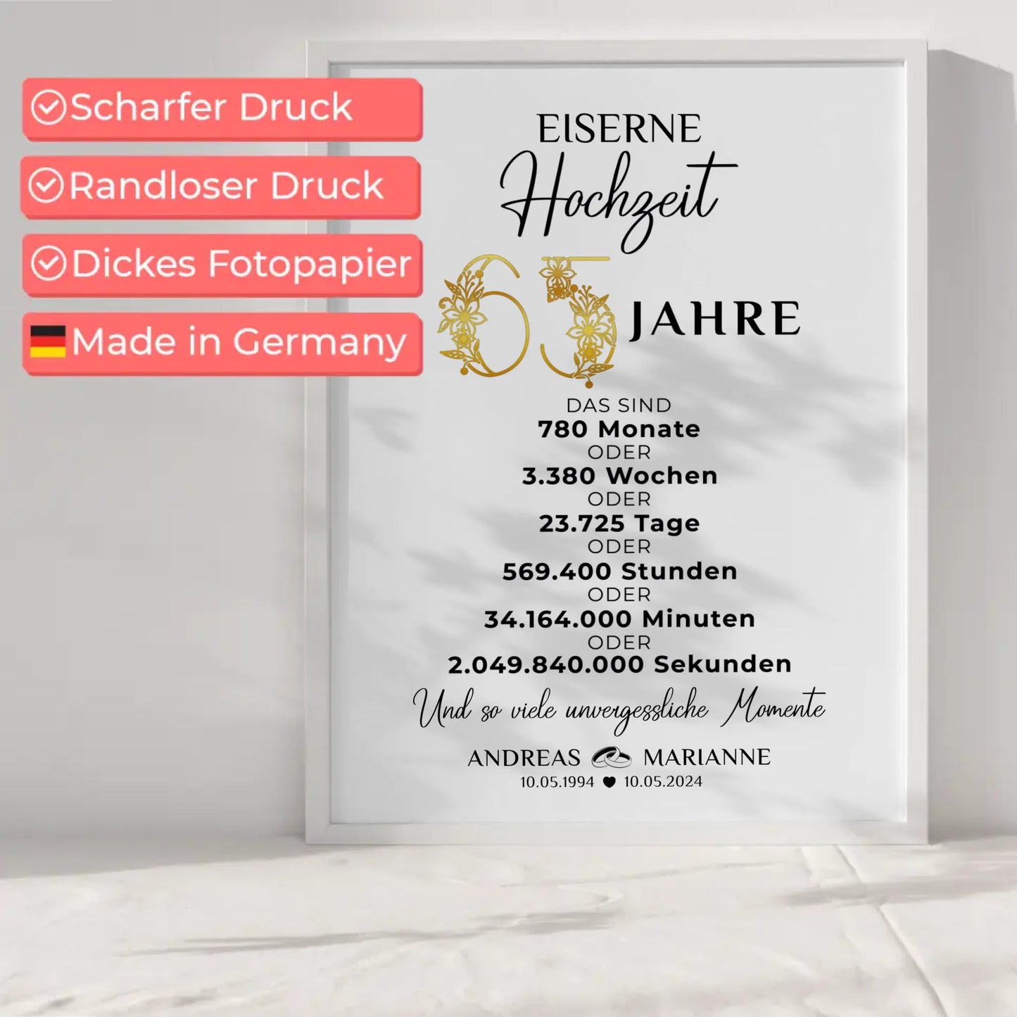 Personalisierte Geschenke Poster für 65 Hochzeitstag zur Eisernen Hochzeit Momente