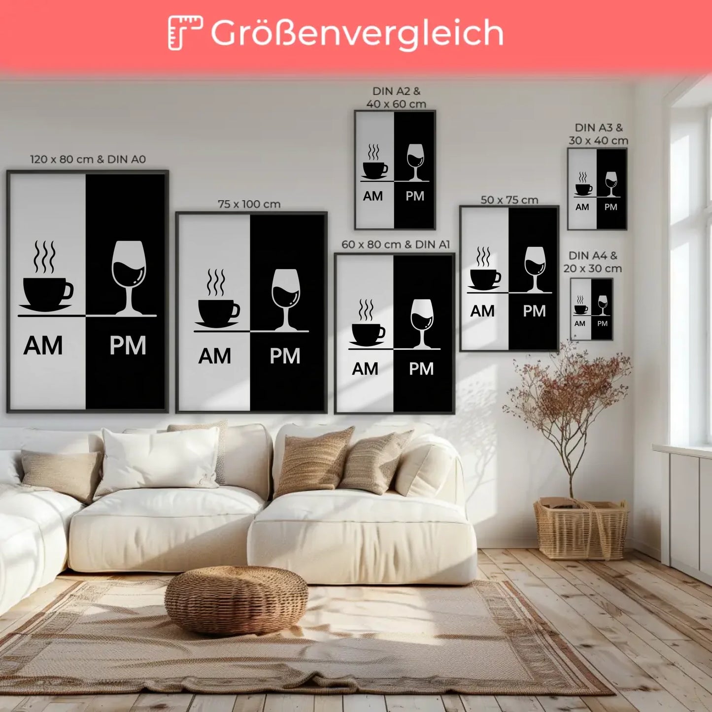 Poster AM PM Kaffeetasse Weinglas Kontrastmotiv