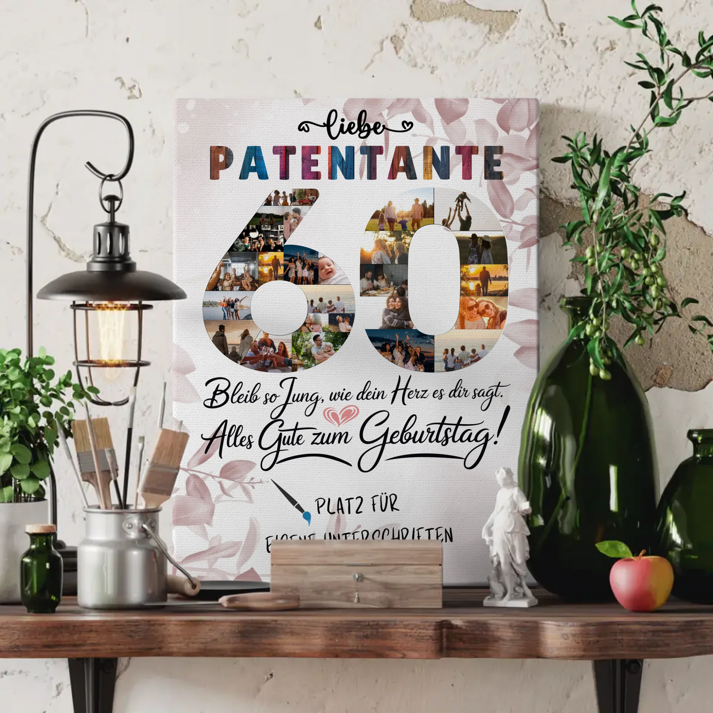 Personalisierte Fotoleinwand mit Unterschriften Patentante 60 Geburtstag Fotos Bleib Jung