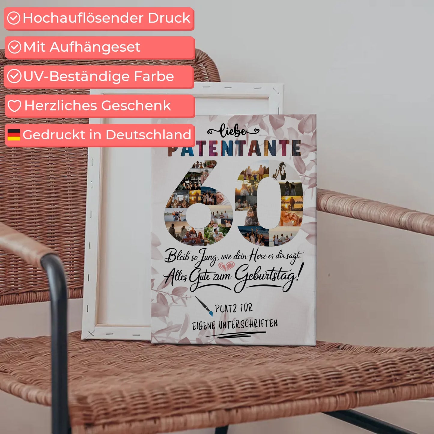 Personalisierte Fotoleinwand mit Unterschriften Patentante 60 Geburtstag Fotos Bleib Jung
