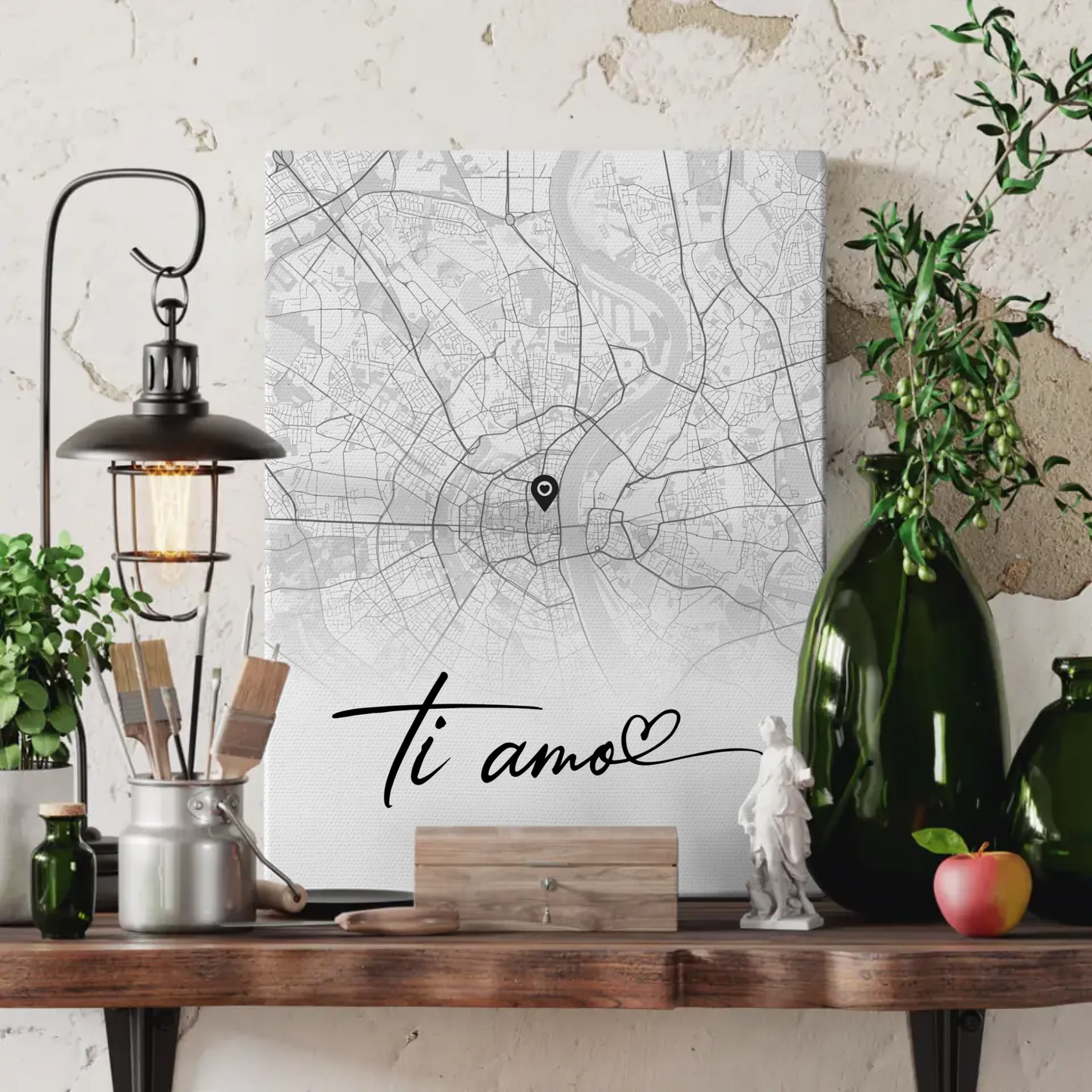 Personalisiertes Leinwand Poster Stadtkarten Ti Amo für Paare Schwarz Weiß